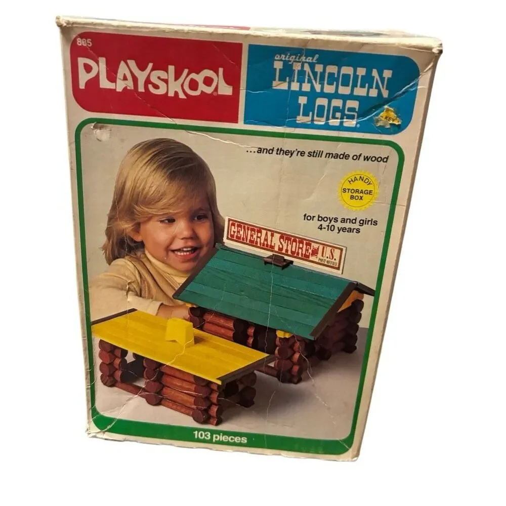 Vintage Mixed Lincoln Logs Lot with 1978 Playskool #885 General Store Box